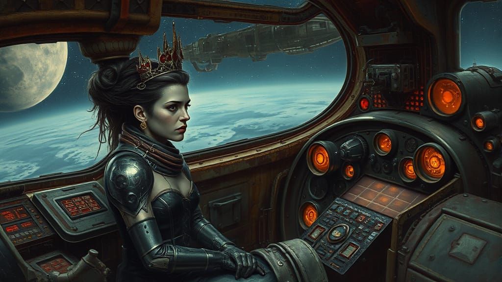 Queen of Hearts in Derelict Airship Amidst Cosmic Desolation