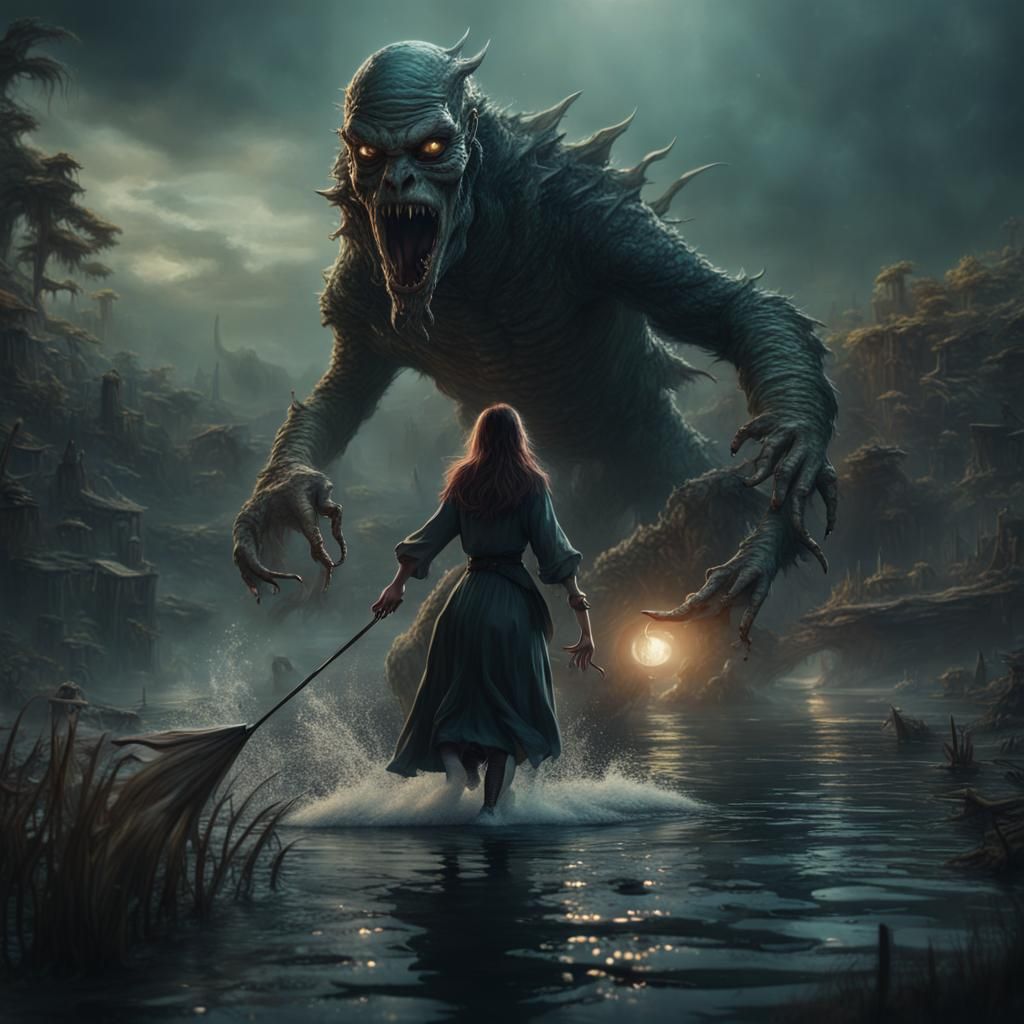 Witch Chases Lagoon Monster in Detailed Digital Art