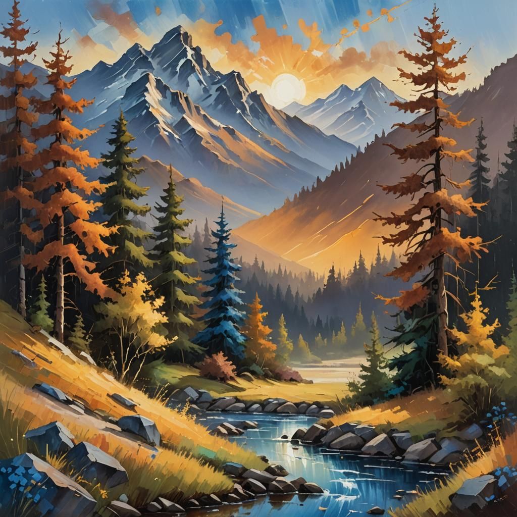 Impressionist Mountain Landscape in Bob Ross Style