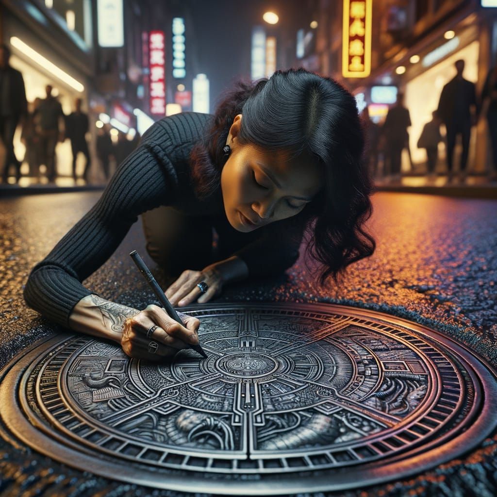 Cyberpunk Artist Etching Manhole Cover with Charcoal