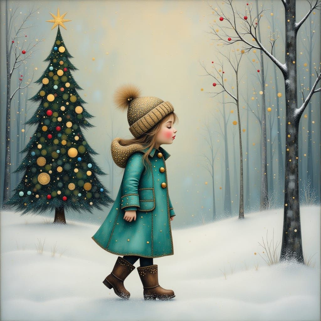 Young Girl Enjoys Snowy Day by Christmas Tree in Oil Paintin...