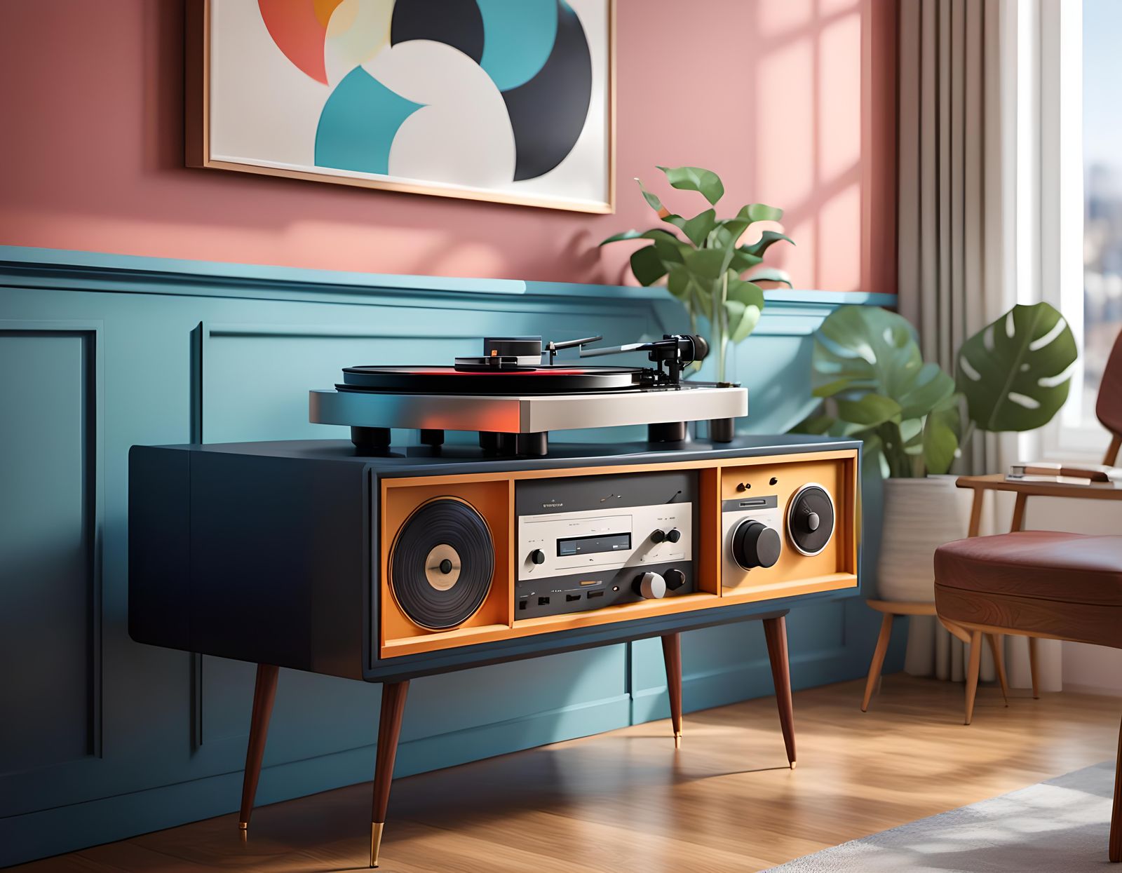 Vintage Record Player in Post-Modern Living Room