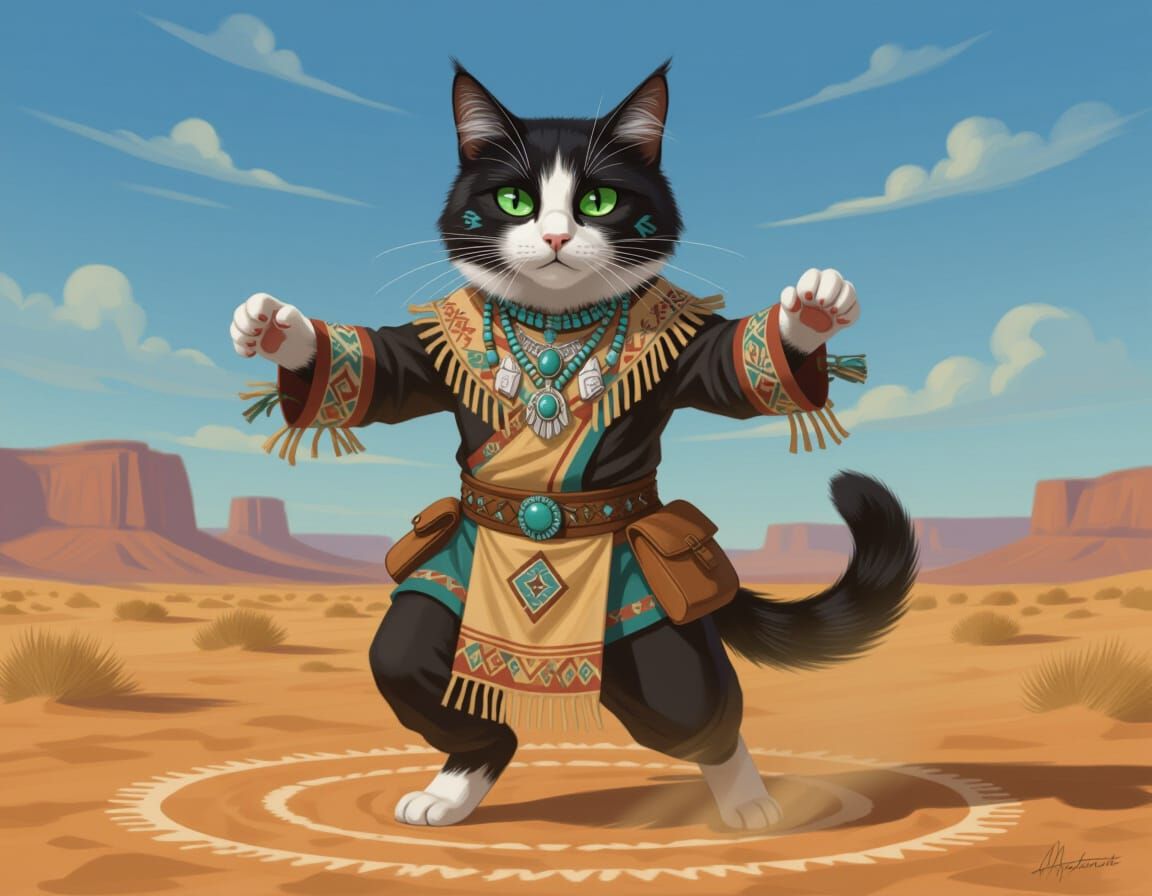 Navajo Cat Shaman Rain Dance in Black and White