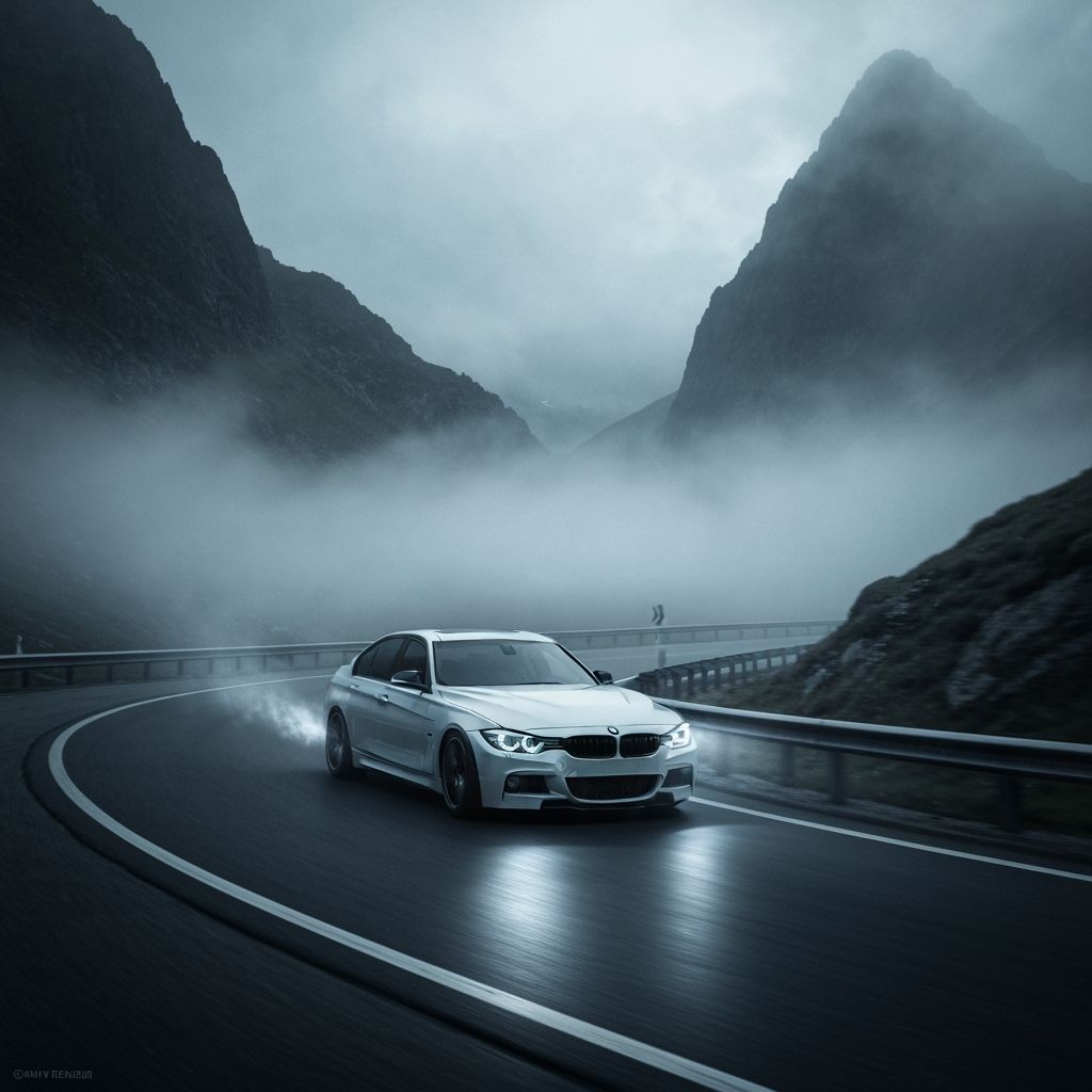BMW Drifting on Misty Mountain Road in Digital Art