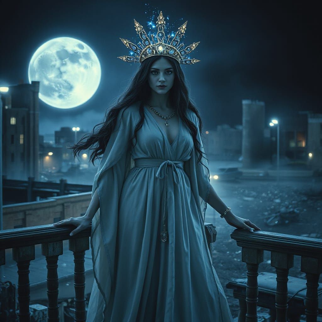 Goddess Overlooking War-Torn World in Whimsical Style