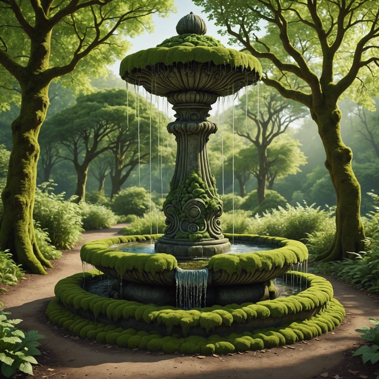 Mossy Water Fountain in Forest Path