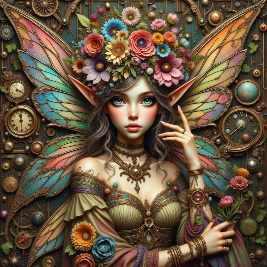 Steampunk Flower Fairy Repairs Clock in Digital Art