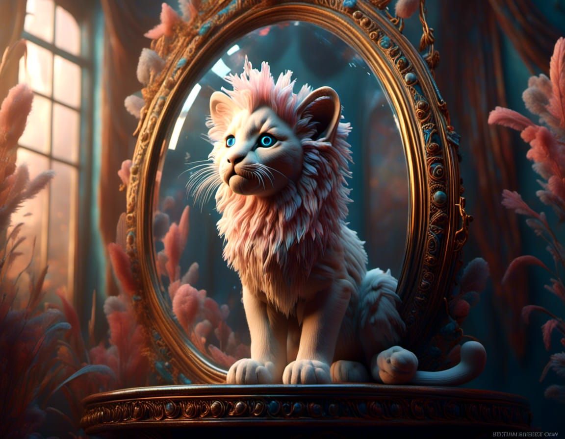 Kitten's Lion Reflection in Mystical Mirror
