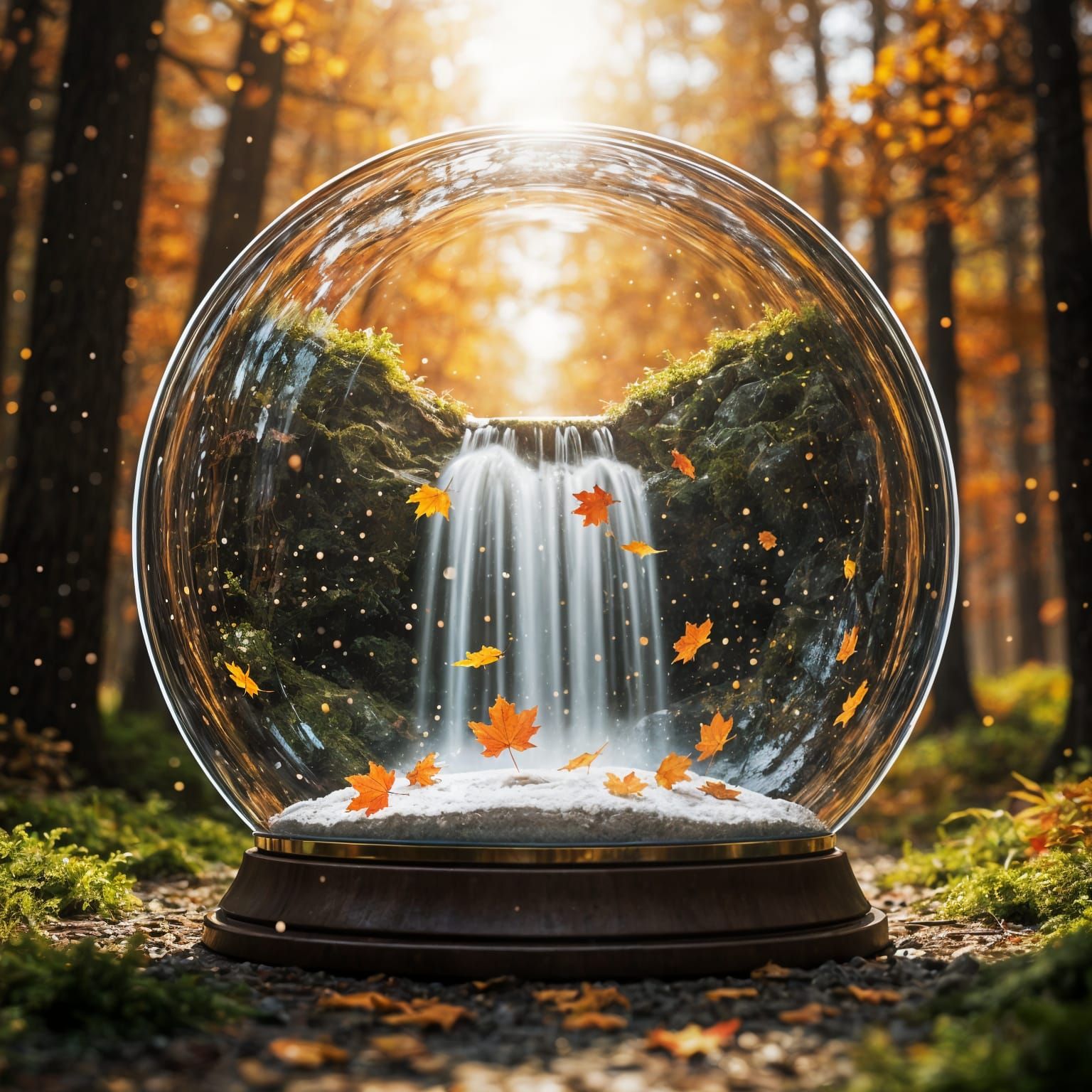 Glowing Autumn Snowglobe With Forest Waterfall