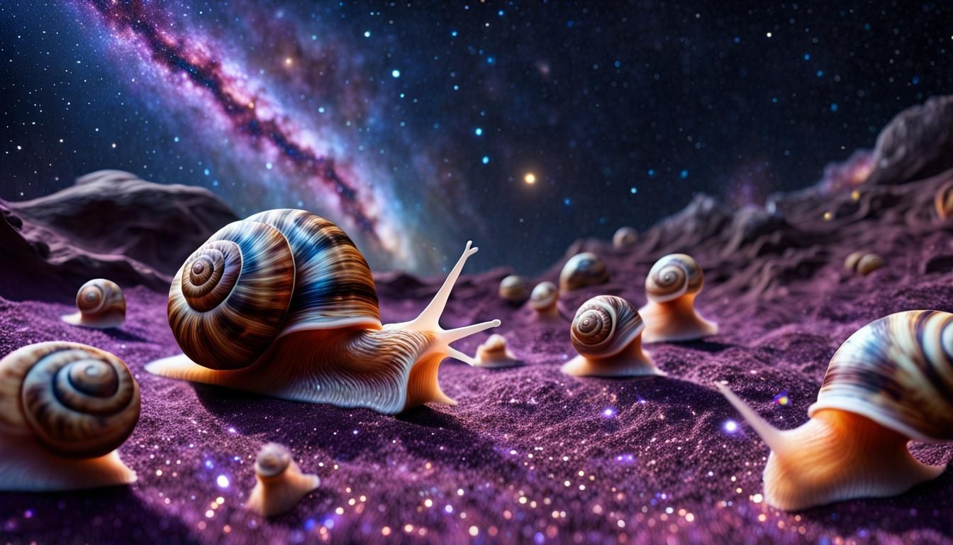 hyper realistic, perfect, smooth, HD Quality, cosmic alien space snail herd travelling through space leaving sparkling s...