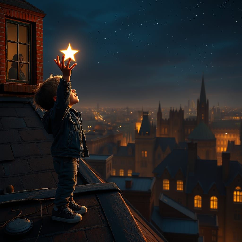 Little Boy Reaches for a Glowing Star on a Rooftop