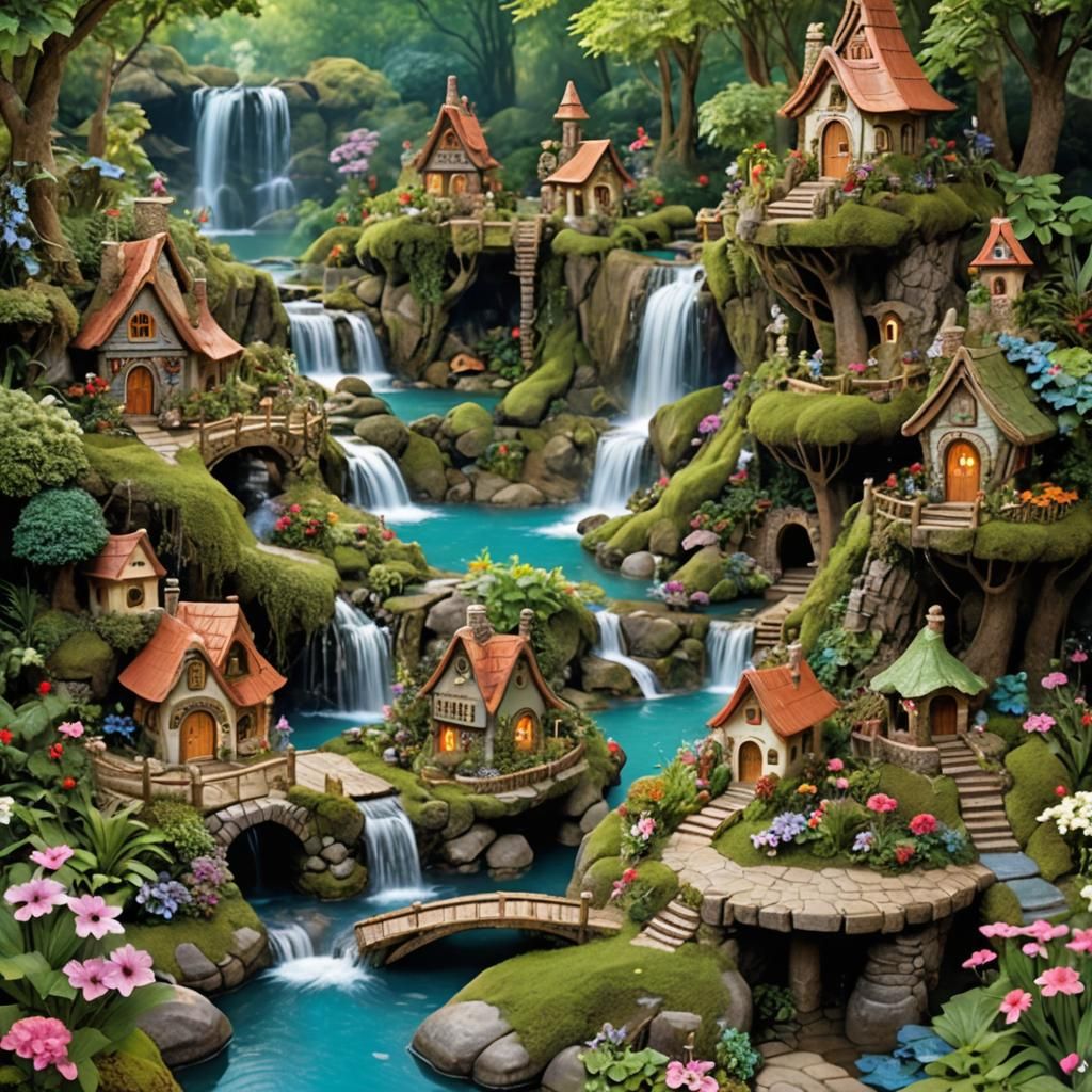 Magical Fairy Village Waterfall Scene in Gouache Style