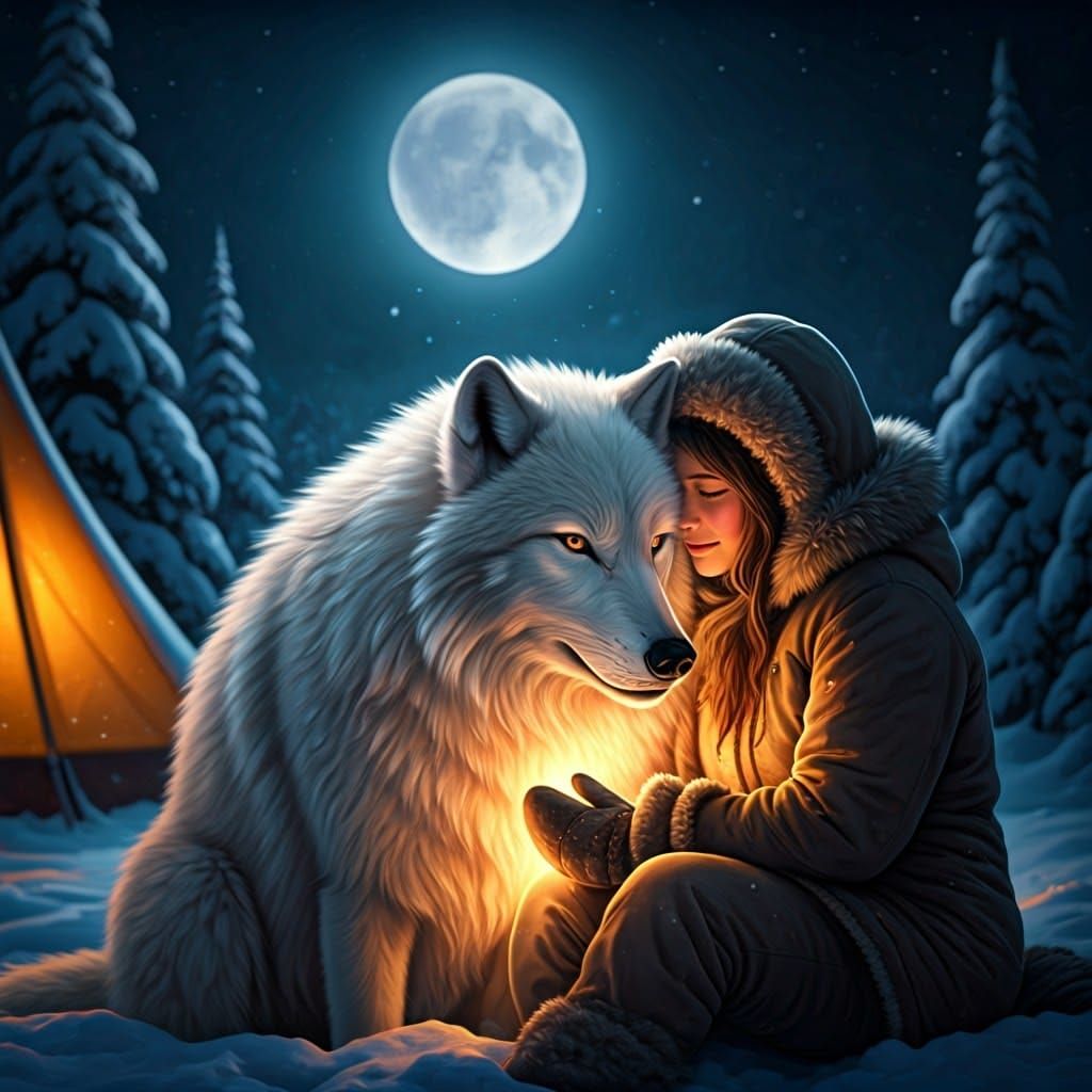 Golden Hour Campfire Scene with Arctic Wolf