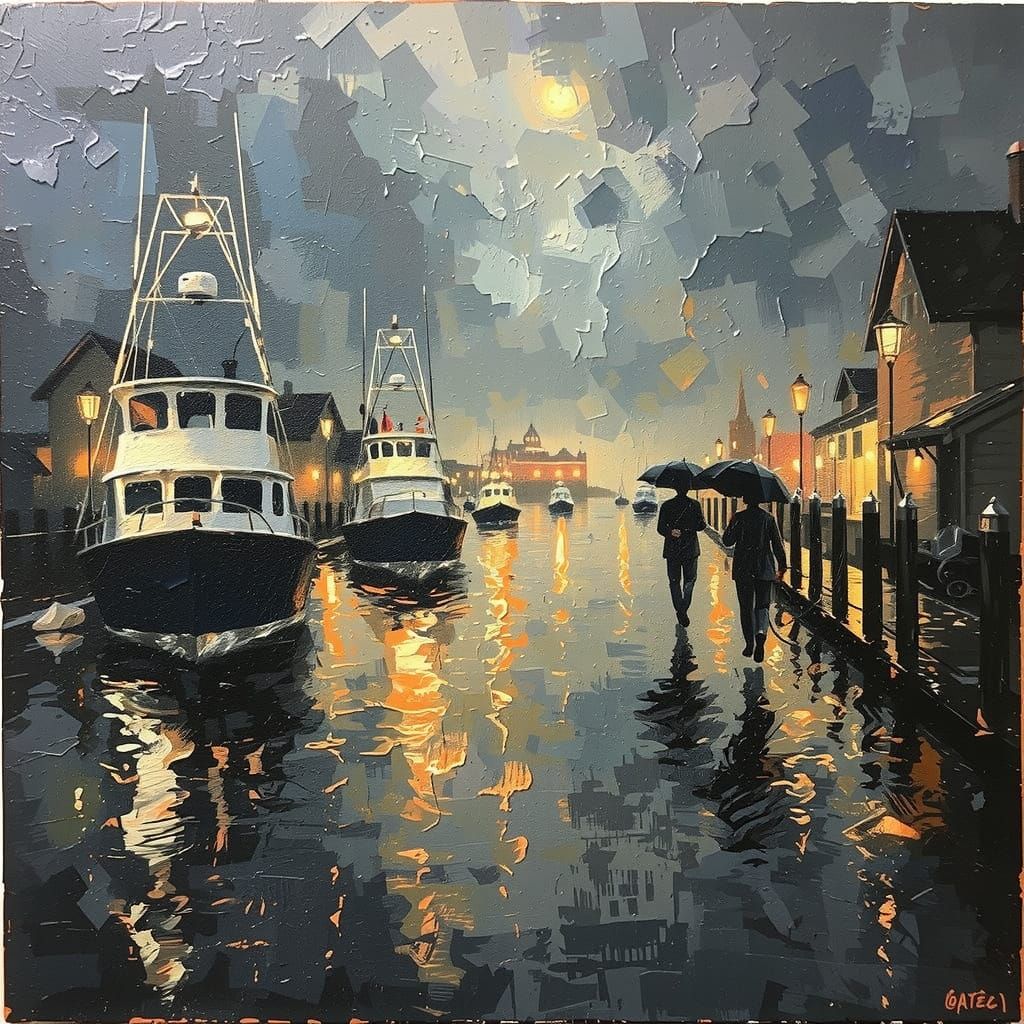 Impressionist Harbor Scene with Rainy Reflections