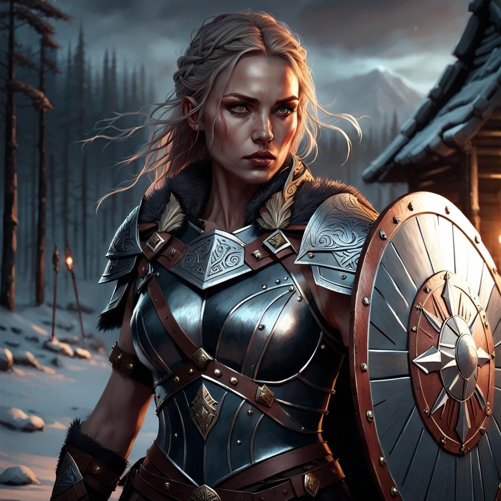 Nordic Shield Maiden in Ominous Folklore