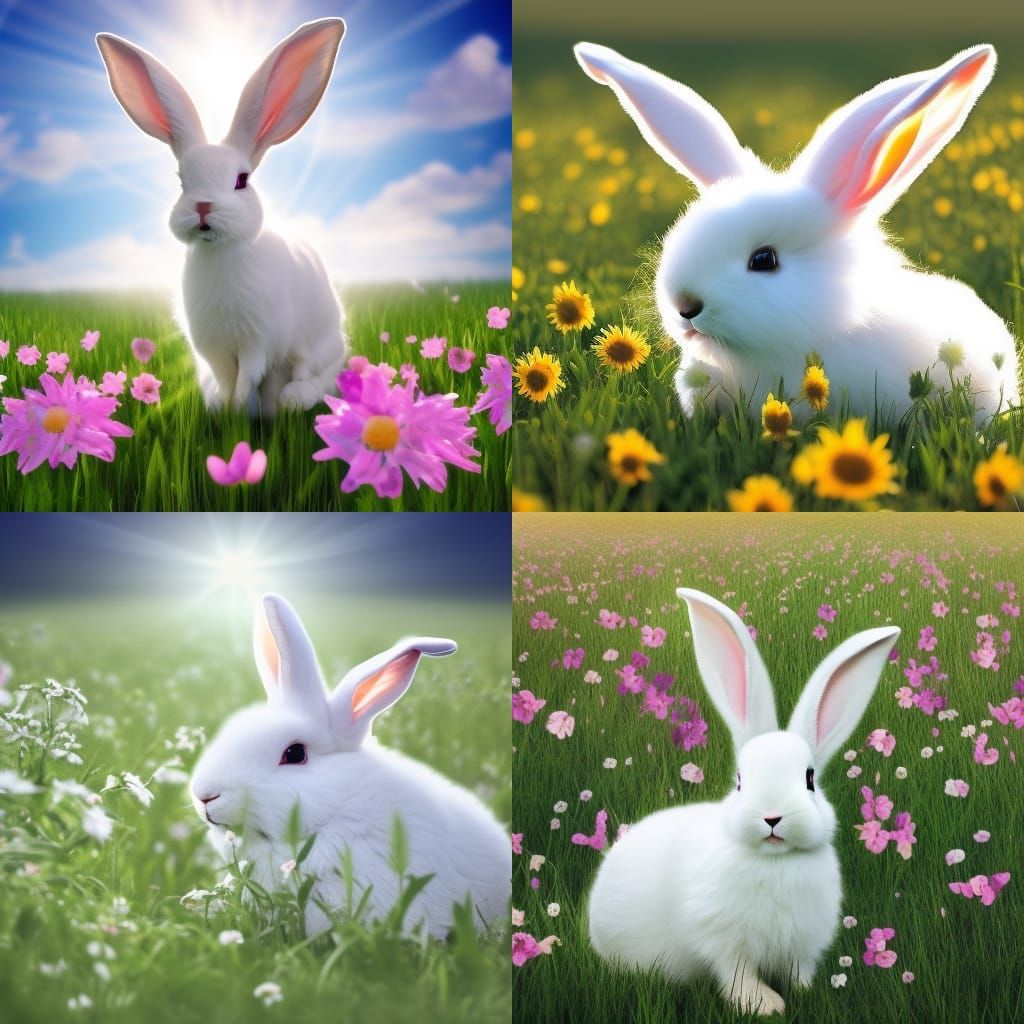 Angelic Rabbit in Flowery Field with Sunshine