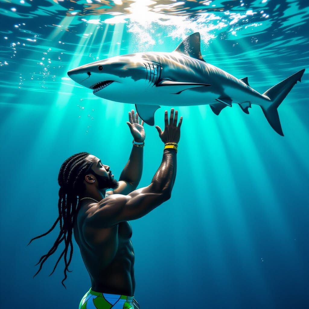 Man Touches Shark Underwater in Digital Art Style