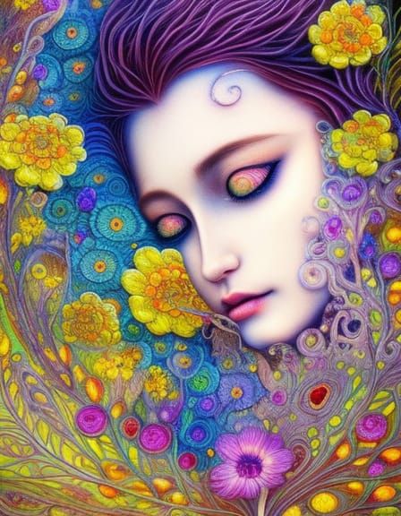 Eye with Embroidered Flowers in Photorealistic Style