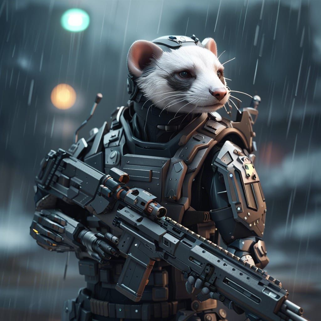 Ferret in tactical armor, holding a sniper rifle, in a thunder storm