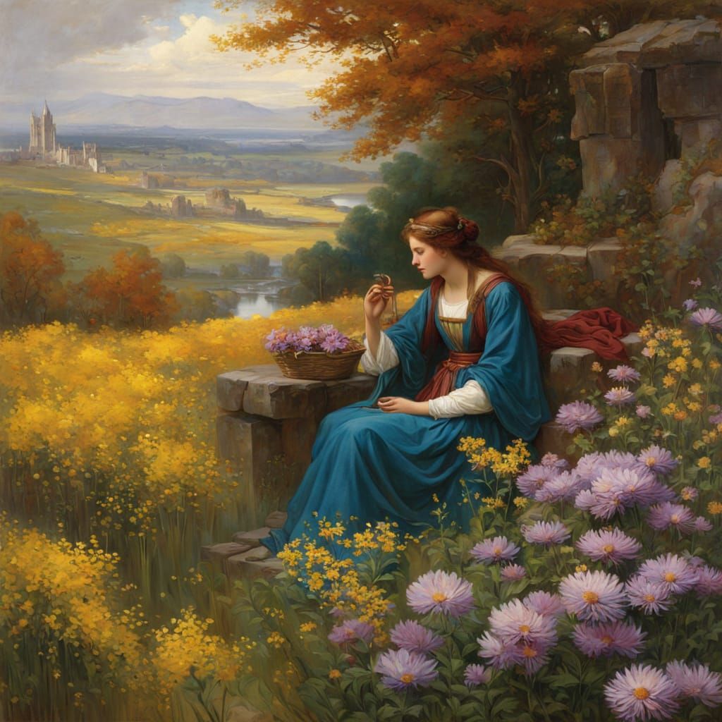 Medieval Couple with Autumn Flowers in Anime Style