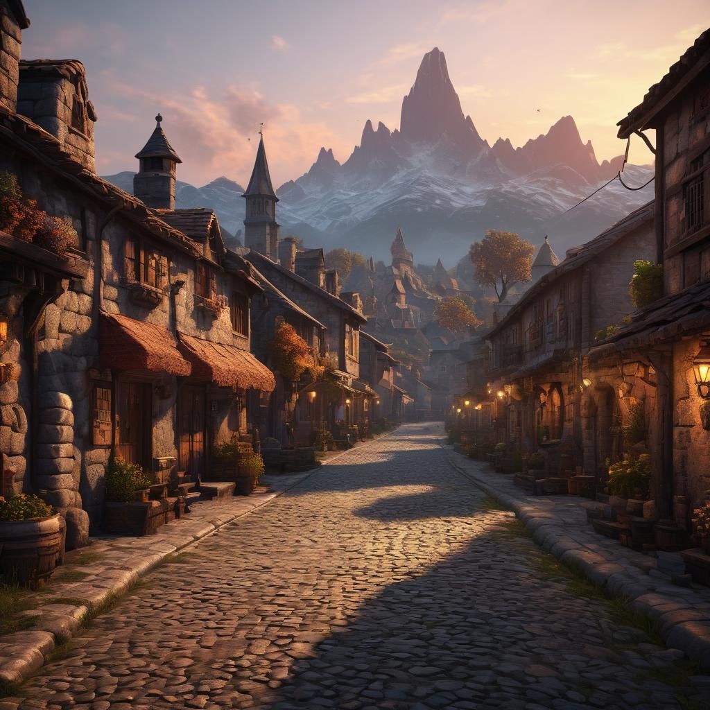 Cobblestone Village at Sunset: Matte Painting