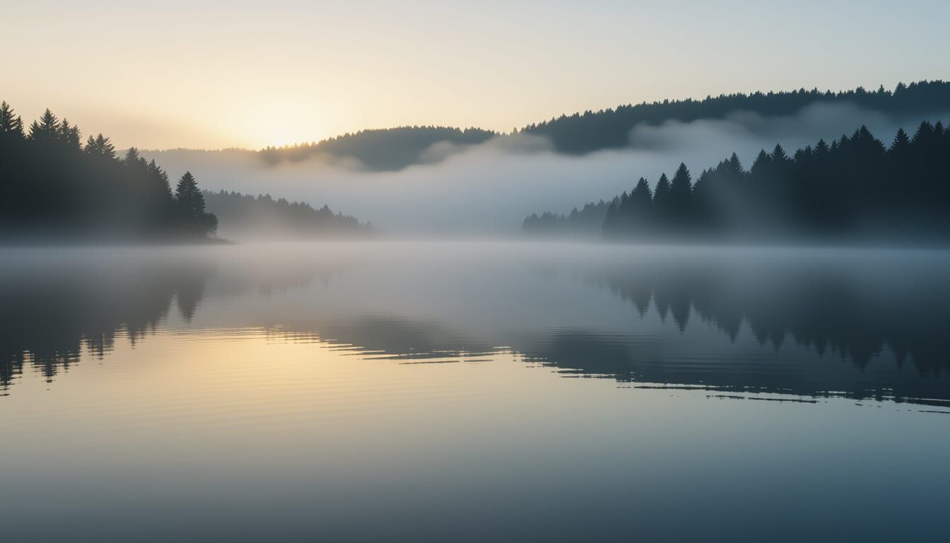 Mystical Fog Over Lake at Dawn - Cinematic Film Still