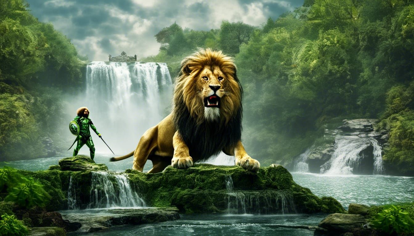Powerful Superhero on Lion at Waterfall