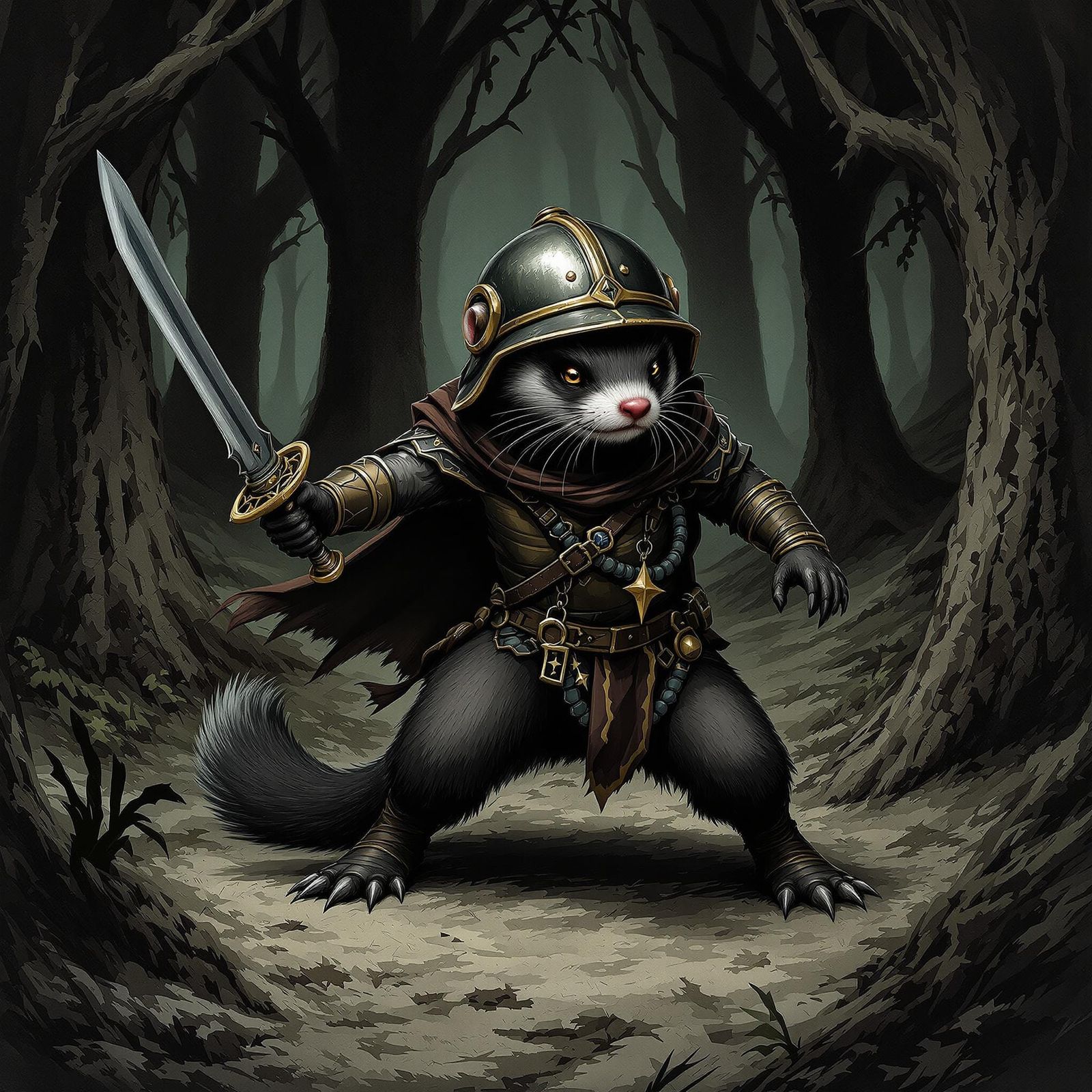 Ferret Warrior in Dark Forest with Sword