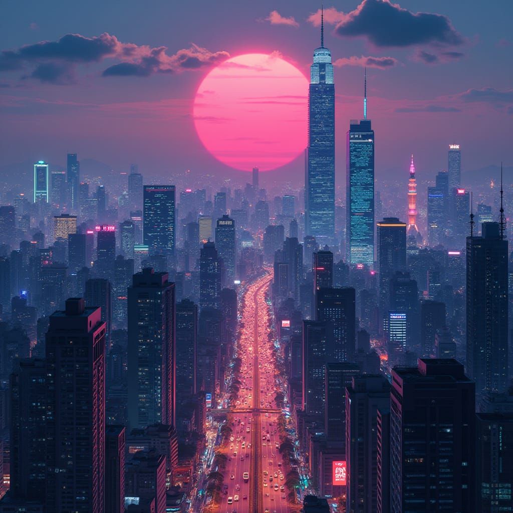 Illuminated Urban Skyline at Dusk in Cyberpunk Style