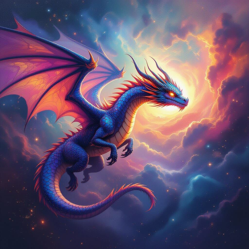 Dragon Soaring Through Nebula: Impasto Painting
