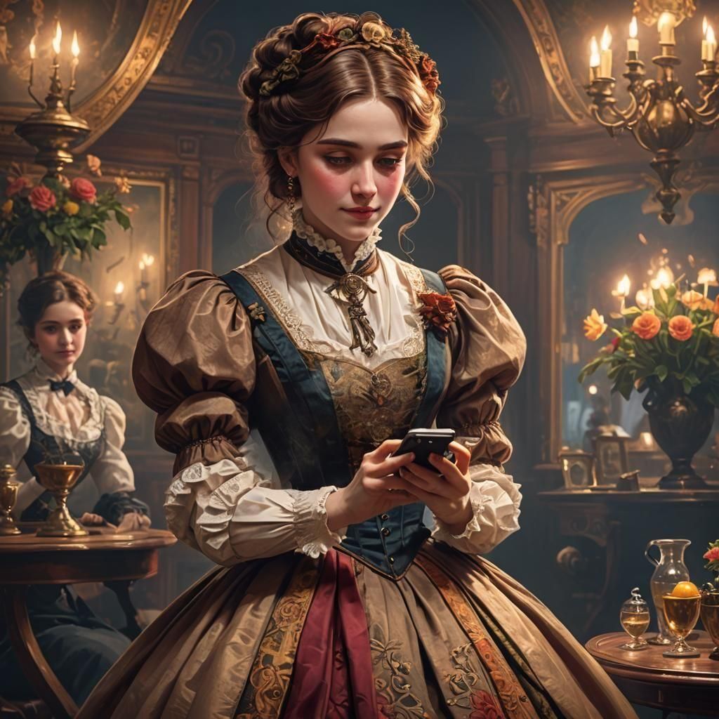 Victorian Woman Plays Game on Smartphone