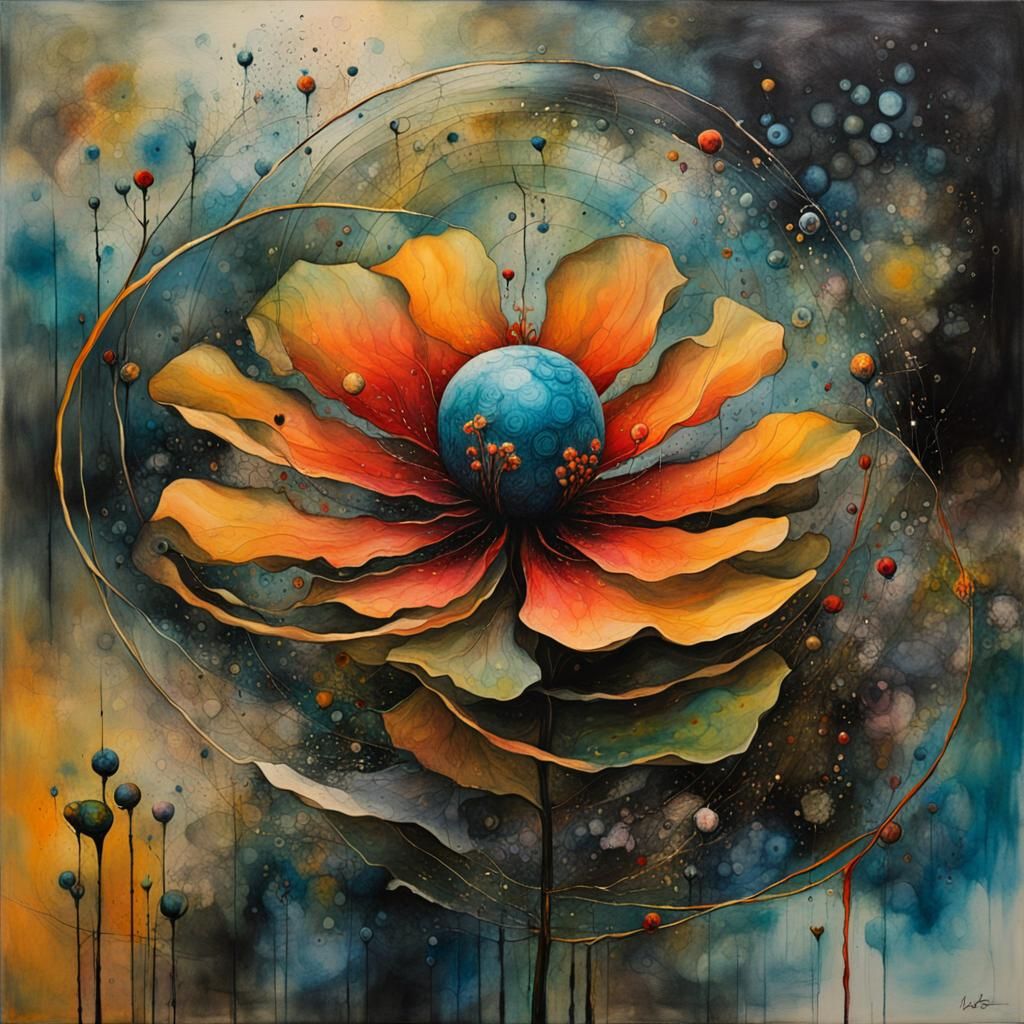 Surreal Flower Orbiting Cell in Mixed Media Style