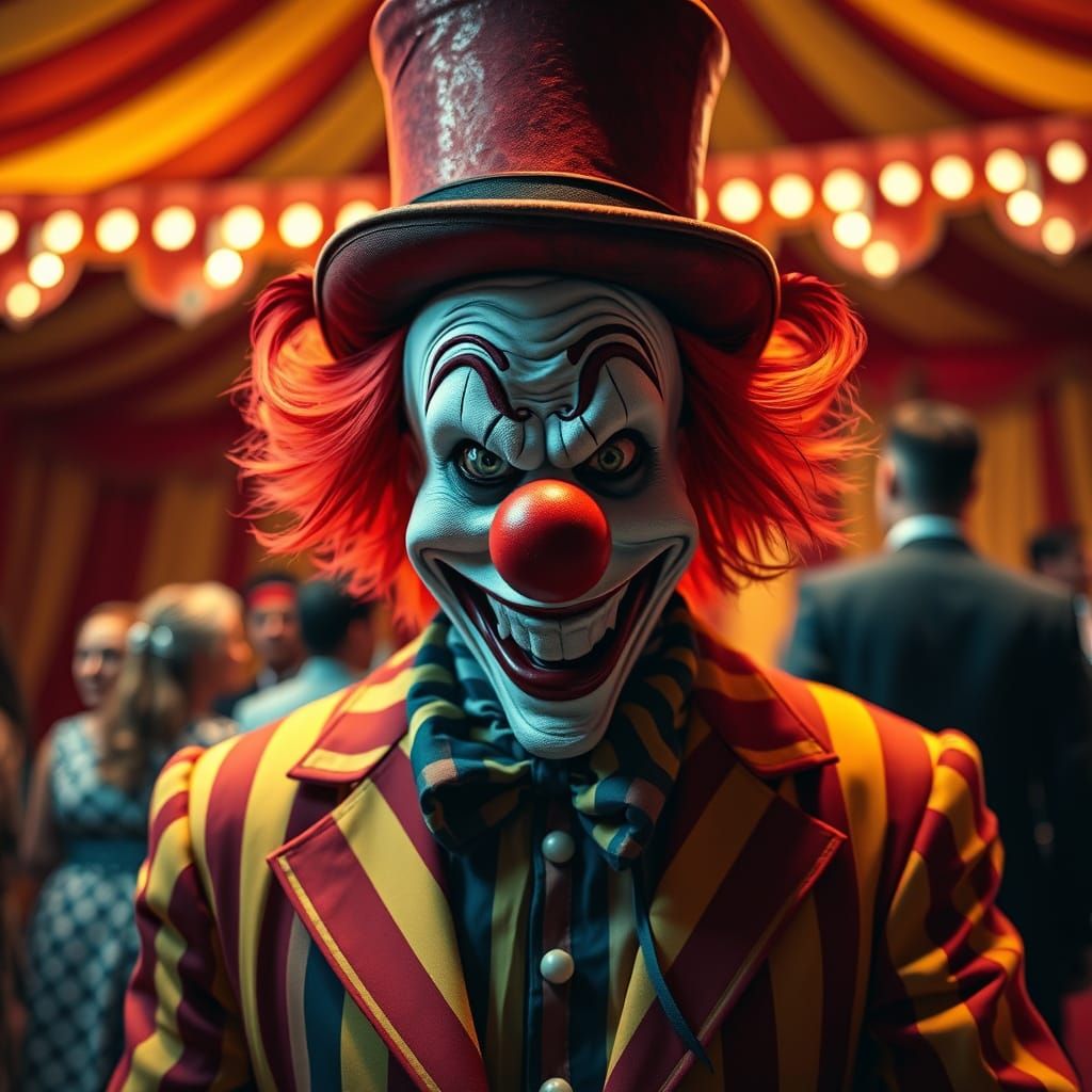 Sinister Clown in a Vibrant Circus Setting