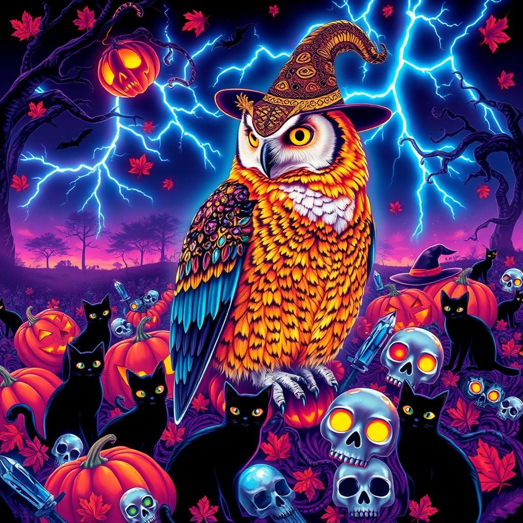 Neon Halloween Barn Owl in Fractal Zentangle Style