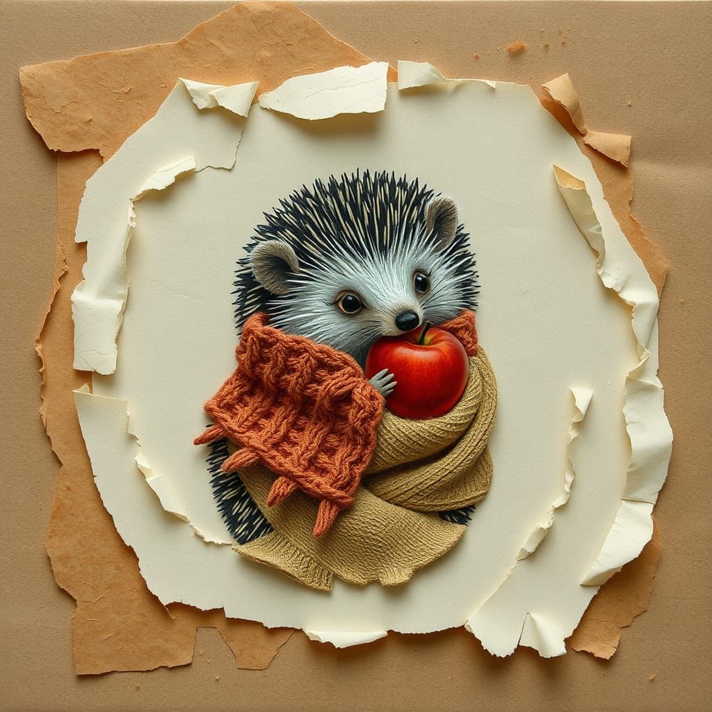 Whimsical Hedgehog Collage with Apple and Scarf