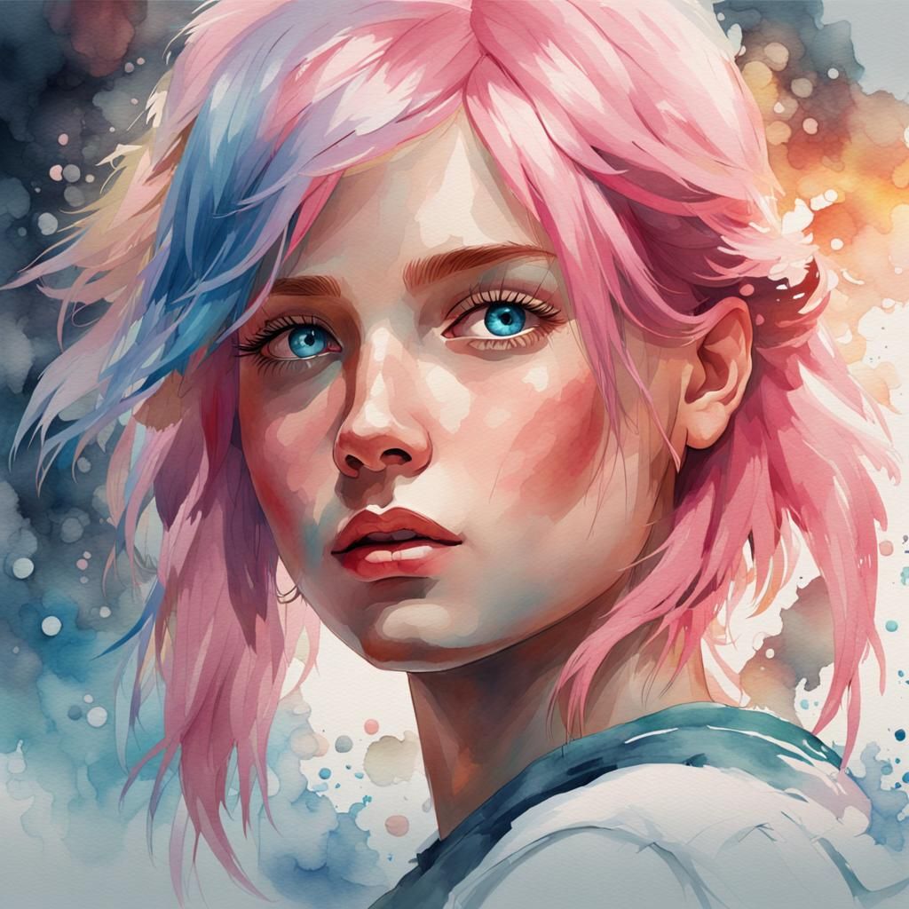 Watercolor Portrait of a Girl with Pink Hair