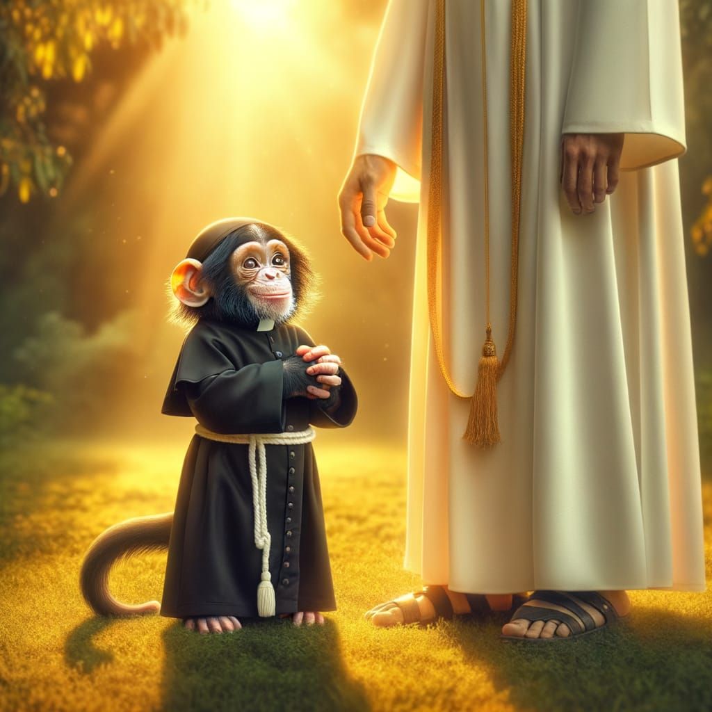 A Chimpanzee and Jesus Share a Sacred Moment in a Golden Gar...