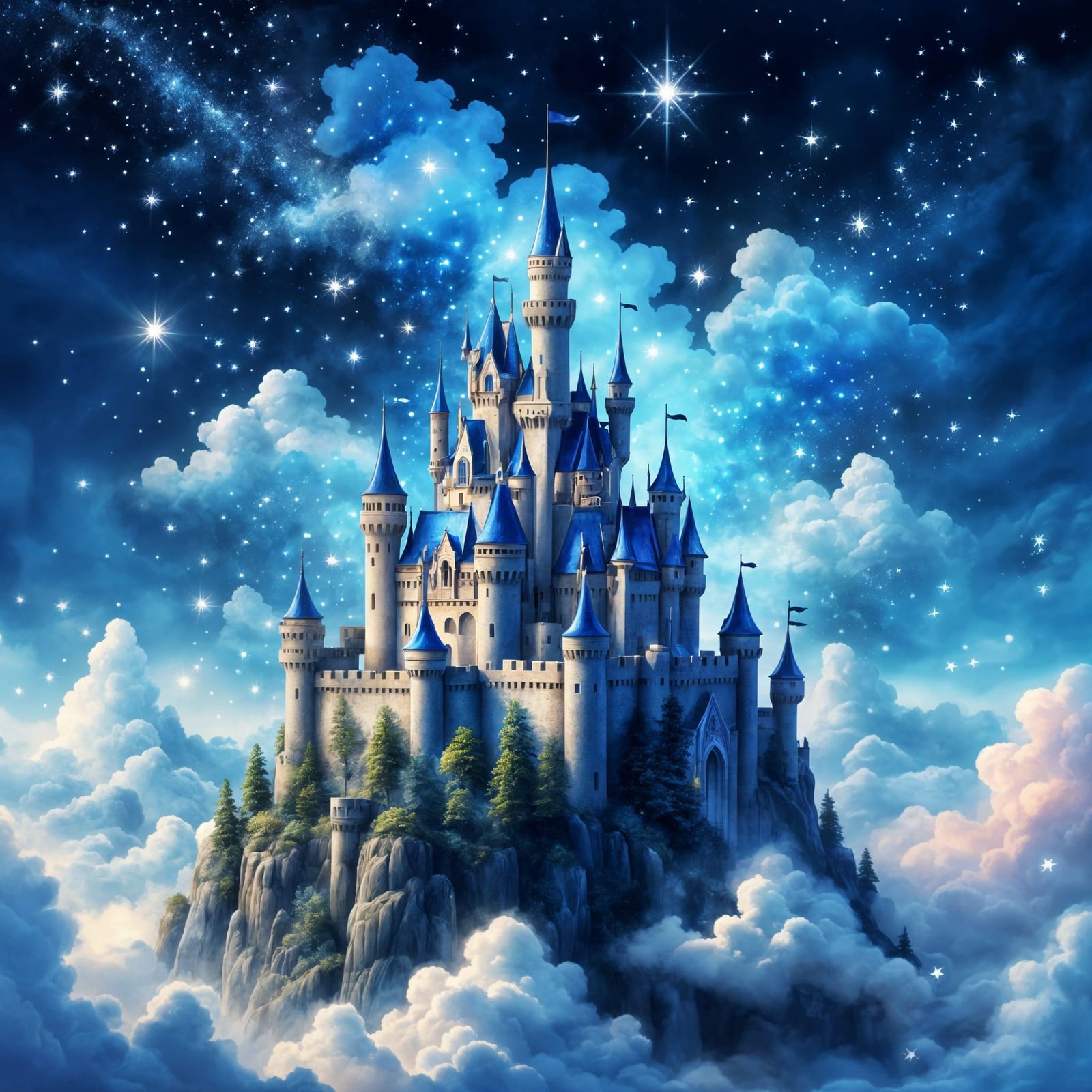 Magical Castle Floating Among Star-Like Sparkles in Clouds