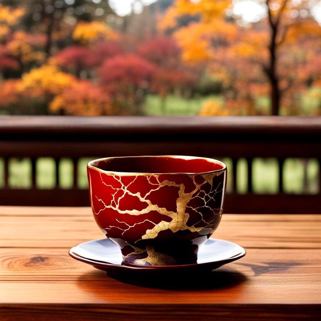 Hyperrealistic Kintsugi Teacup in Kyoto Autumn Garden