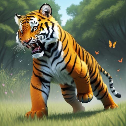Cheerful Cartoon Tiger Cub Chasing Butterflies