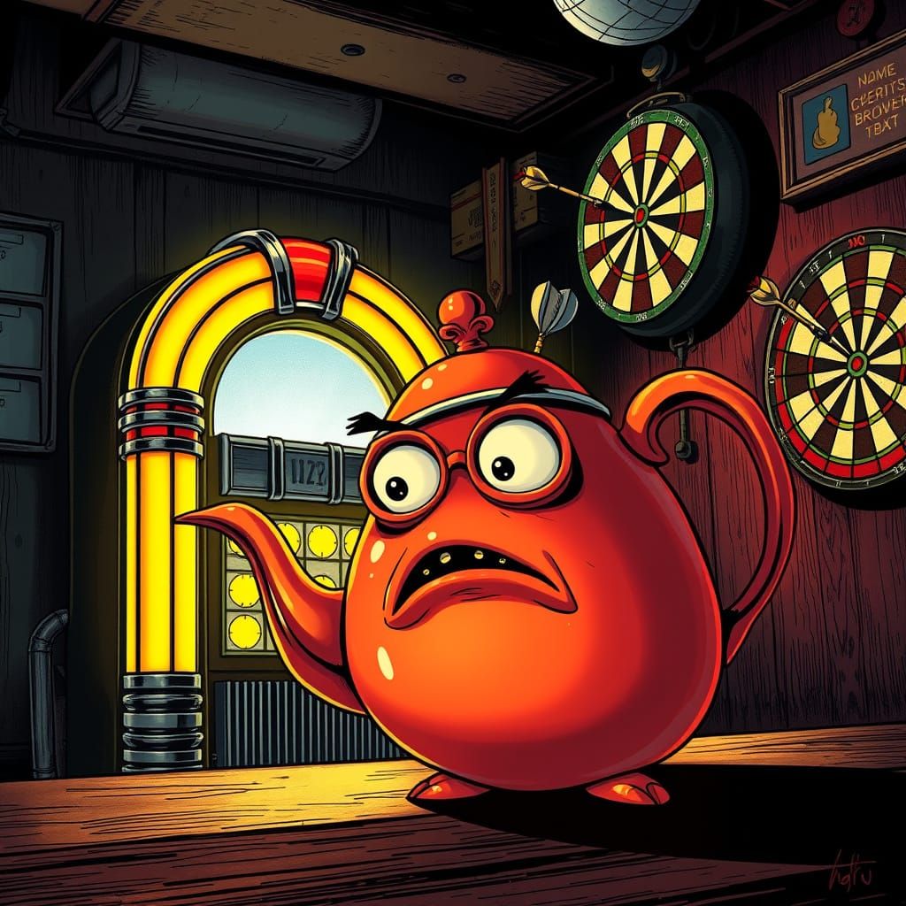 Frightened Teapot Cowering in Dim Bar, Comic Style