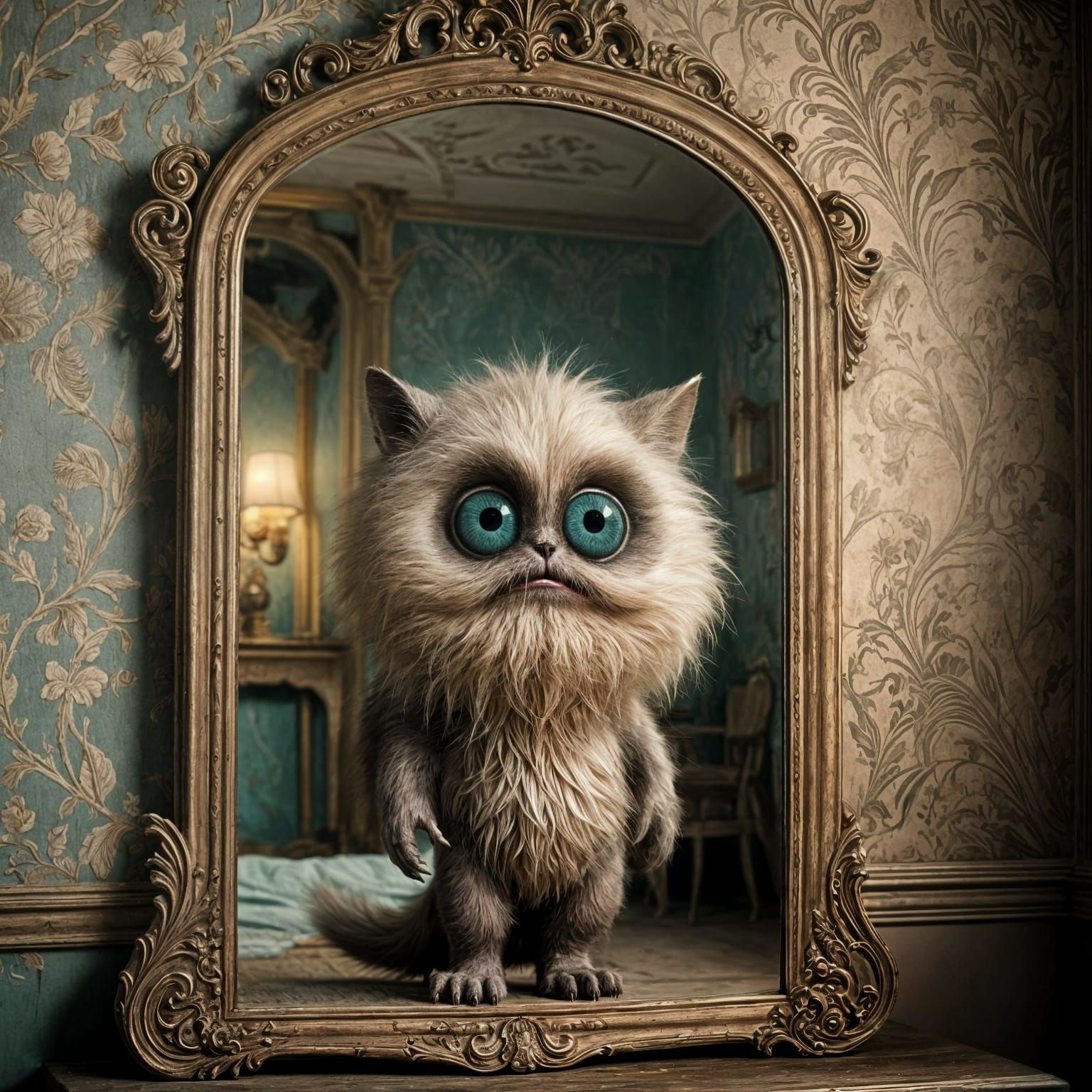 Eerie Creature in Vintage Room: Digital Illustration