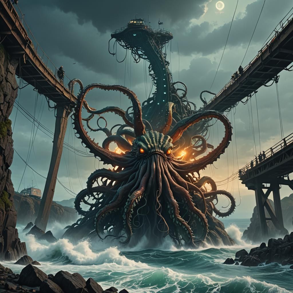 Kraken Emerges From Sea with Ferrata Bridge