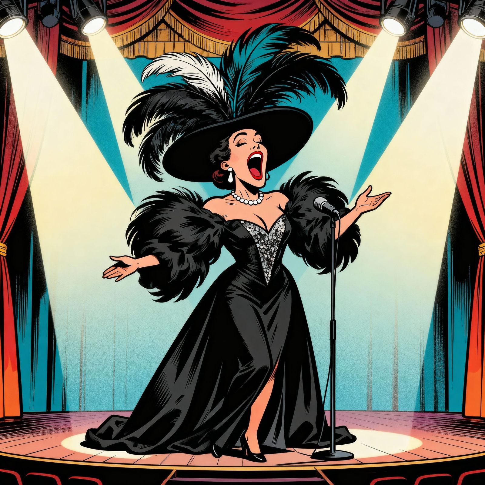 Flamboyant Opera Singer Caricature in Retro Comic Style