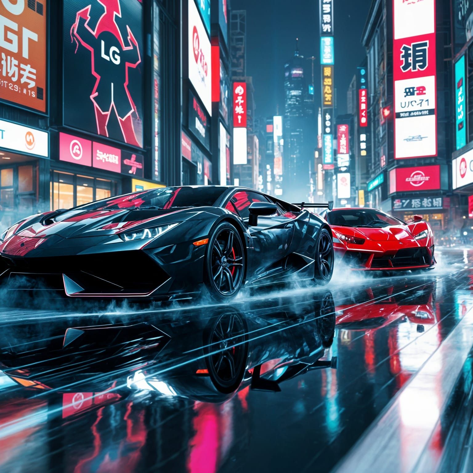 Futuristic Supercars Racing in Neon Cityscape