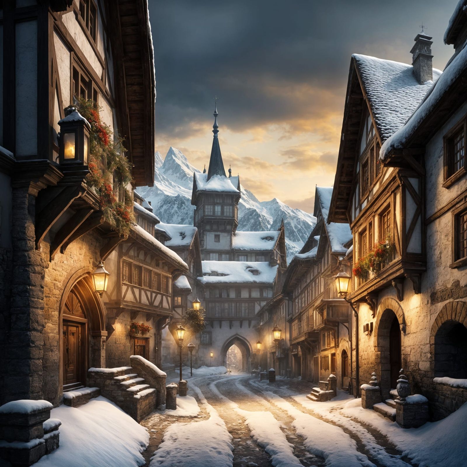 Snowy Swiss Medieval City Epic Cinematic Matte Painting