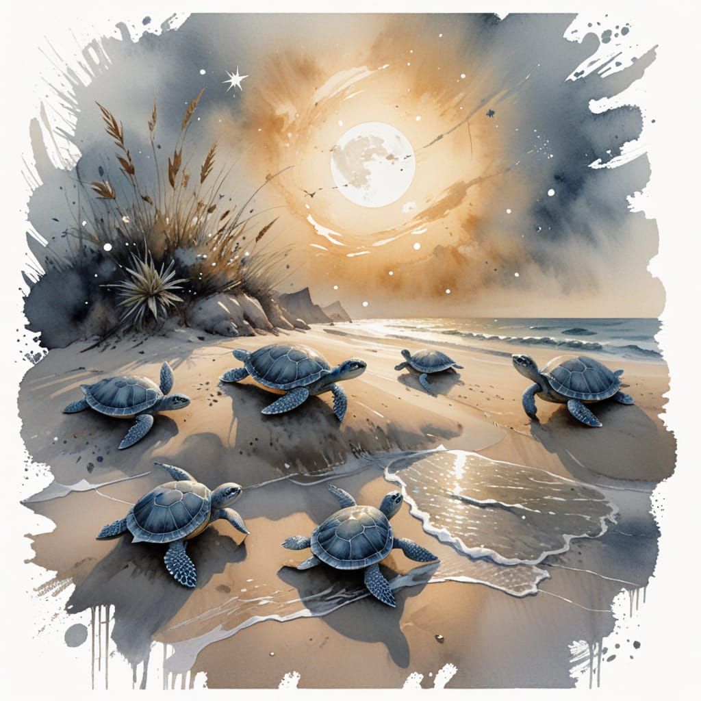 Turtle Hatchlings Racing to the Sea Under Moonlight