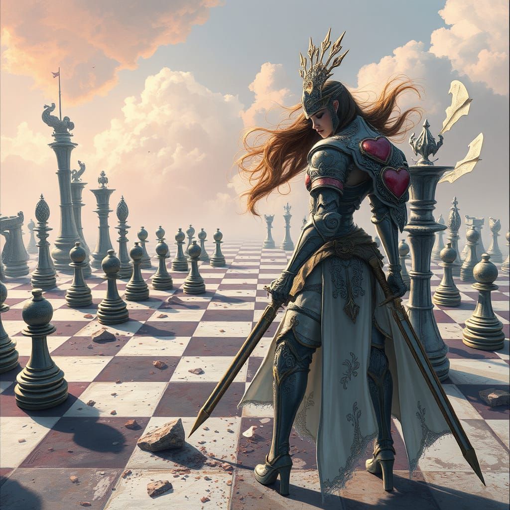 Surreal Chess Battle: Ethereal Warrior in Dreamlike Style