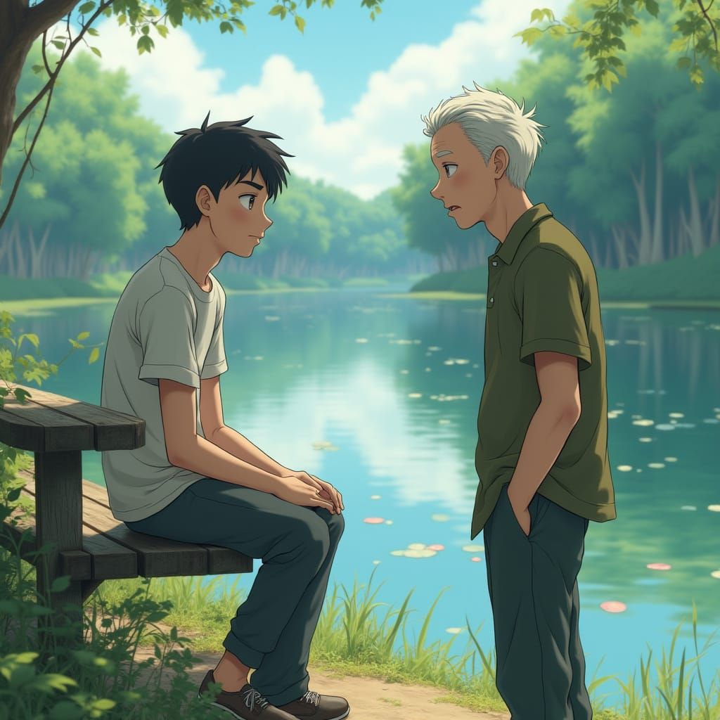 Teenage Boy Approaches Older Man: 3D Anime Art