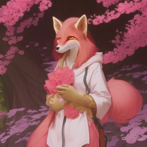 Pink Kitsune Fursona with Cherry Blossoms, Art Nouveau